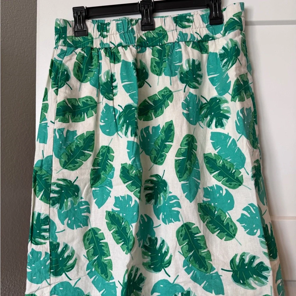 J. Crew White Midi Skirt with Green Leaf Print